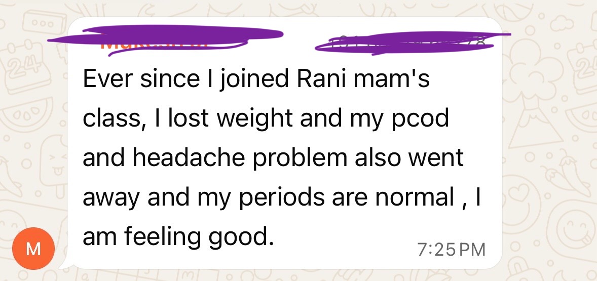 WhatsApp testimonial about weight loss and PCOD improvement