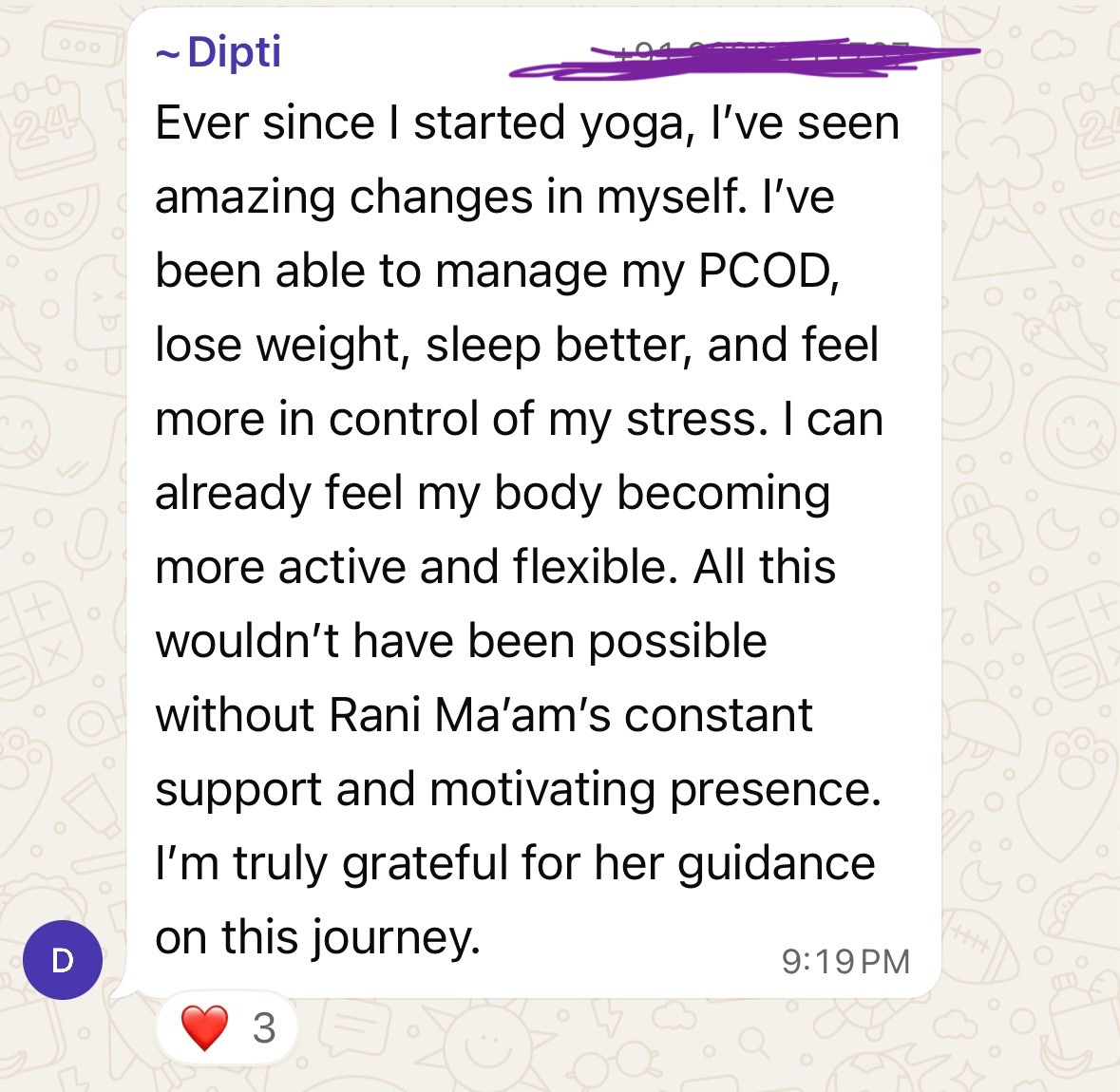 WhatsApp testimonial from Dipti about PCOD management