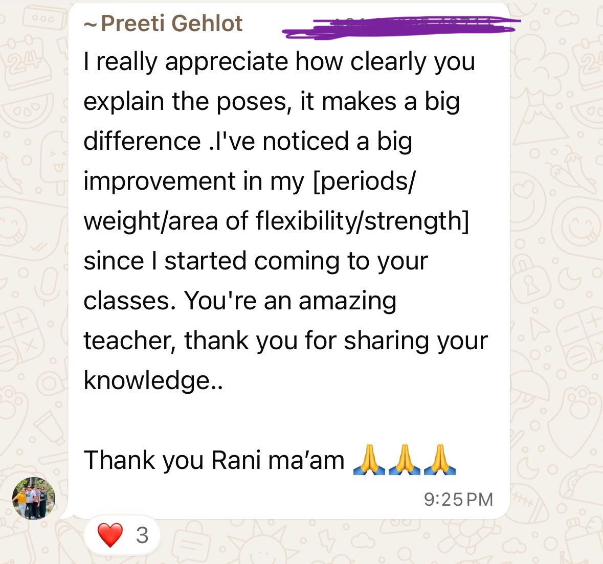 WhatsApp testimonial from Preeti about period and weight improvements