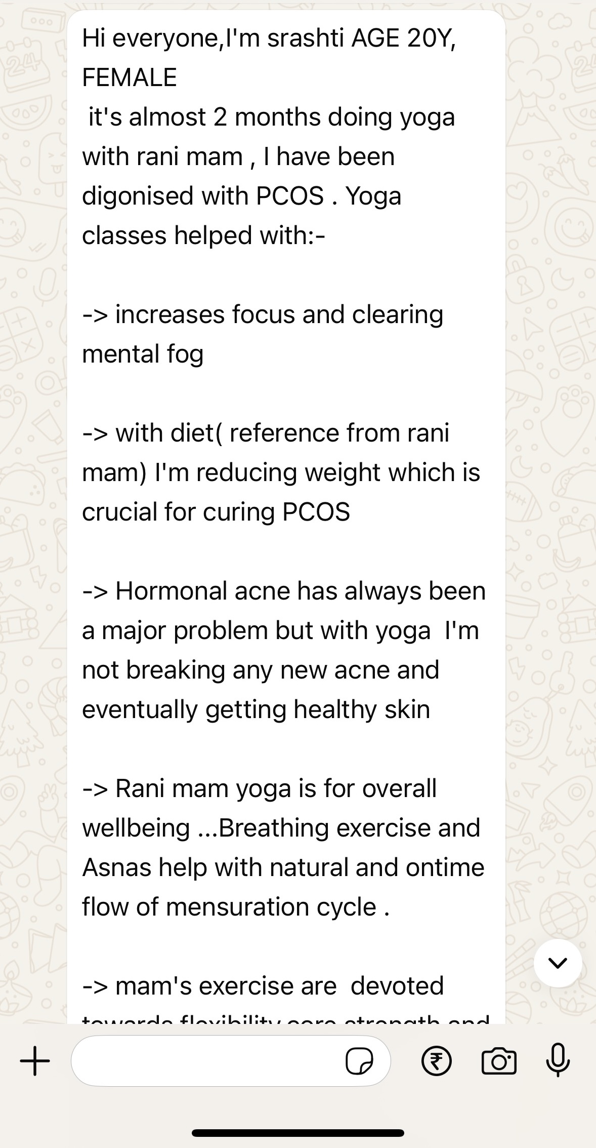 WhatsApp testimonial from 20-year-old about PCOS improvements